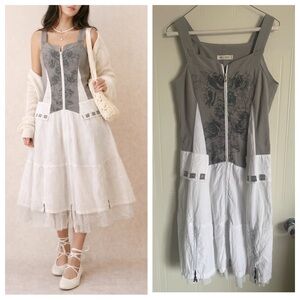 Lagenlook Midi Dress S Gray White Panel Zip Fairy Grunge Balletcore Cottagecore